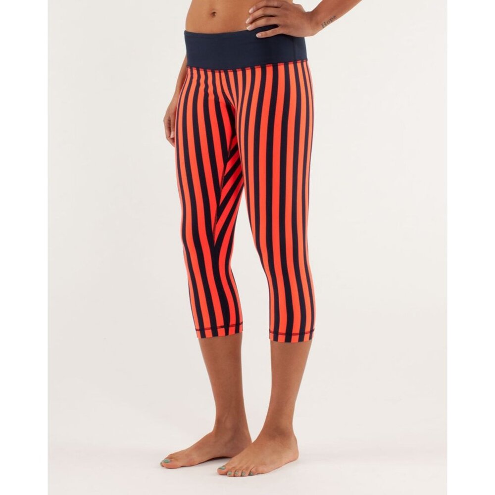 Lululemon Wunder Under Crop Leggings, Navy Blue with Neon Orange Stripe, Size 8
